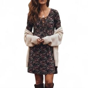 Peruvian Connection Floral Lace-Up Viscose Mini Dress Black Pink Boho S